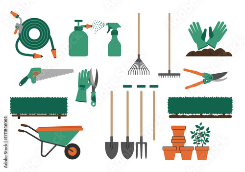 Garden tools  supplies hose sprayers rakes gloves shears shovel wheelbarrow plants pots and hedge