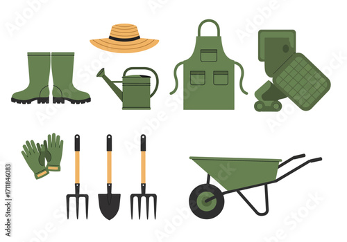 Gardening equipment illustrations boots tools hat gloves watering can apron and wheelbarrow
