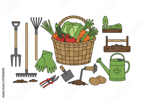 Garden tools surround a basket brimming with harvested vegetables