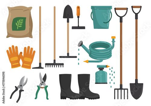 Gardening tools and equipment arranged on a white background