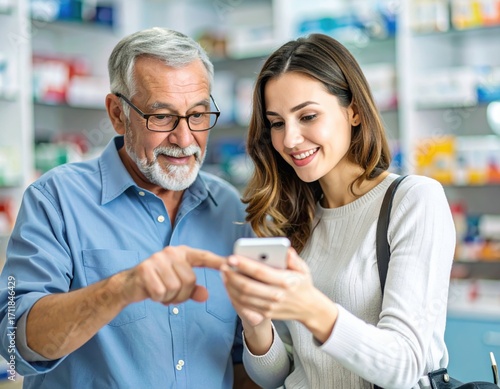 A senior man and a young woman looking at a phone in a pharmacy.