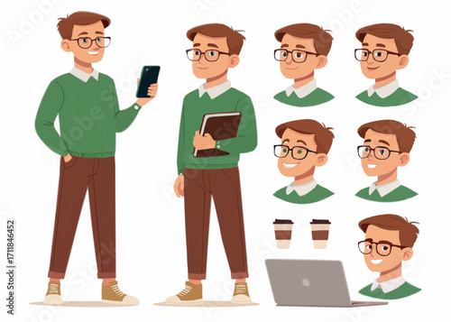 Young Man Character Creation Kit – Flat Vector Cartoon in Earthy Tones with Modular Expressions, Poses & Accessories"