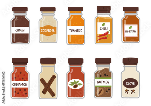 Ten spice jars are arranged each filled with a different spice and labeled