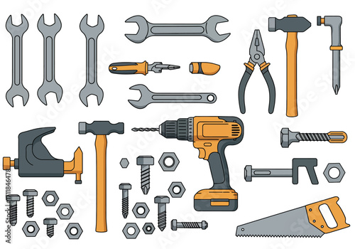 Tool illustration Various tools like wrenches pliers drill hammer saw  screws