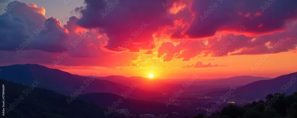 Fototapeta premium Vibrant hues paint the sky as the sun dips below the horizon, creating a breathtaking sunset spectacle Perfect for nature, travel, and weather-related projects , coast, nature