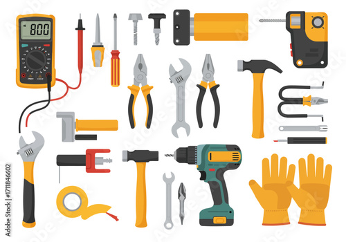 Variety of tools arranged multimeter screwdrivers pliers wrenches hammer drill tape gloves