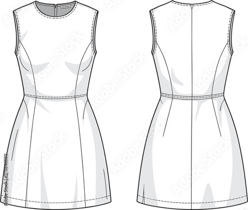 Women's sleeveless dress design template, fashion illustration, front and back view, blank dress, clothing mockup, fashion design, vector art