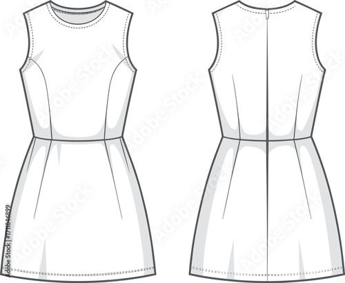 Women's sleeveless dress design template, fashion illustration, front and back view, blank dress, clothing mockup, fashion design, vector art