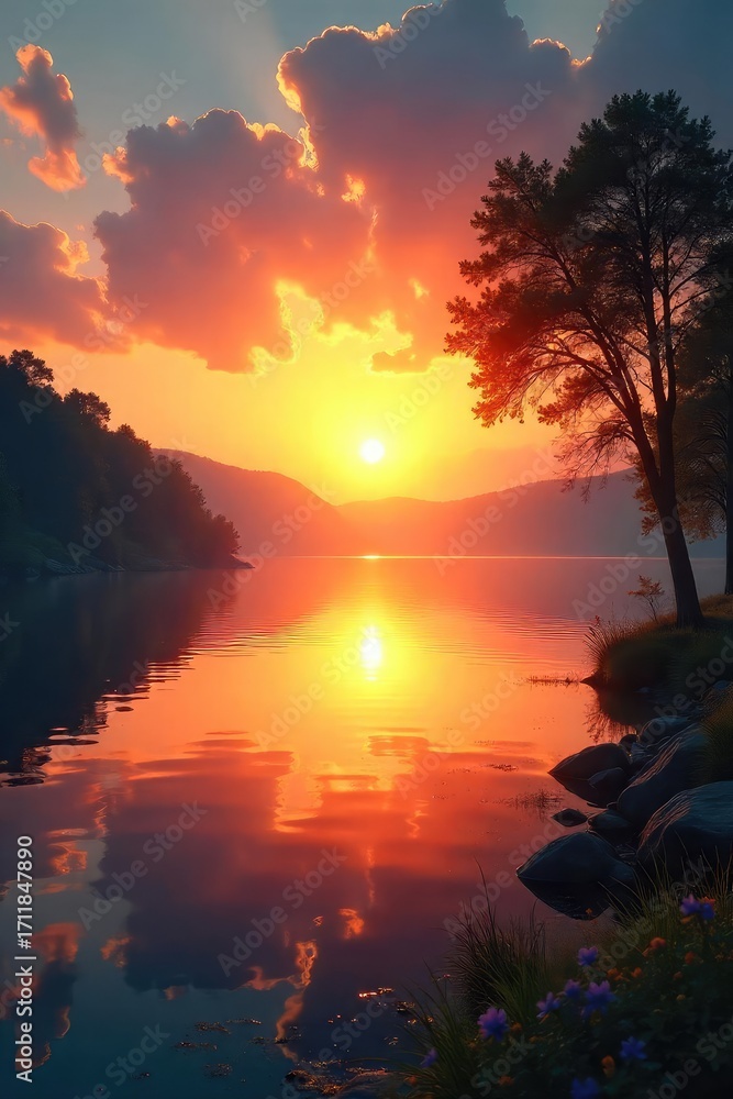Fototapeta premium Vibrant sunrise over a tranquil lake, reflecting golden light and peaceful serenity Perfect for wellness, mindfulness, and healthy lifestyle concepts , horizon, fresh air