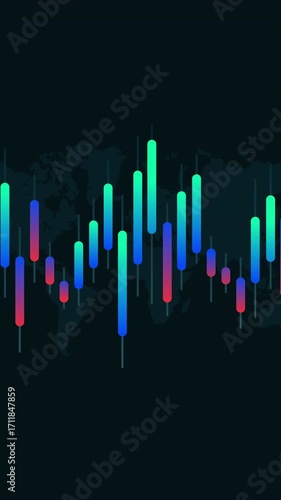 A professional vertical graphic of a financial candlestick chart on a world map, great for social media stories on global market trends and trading.