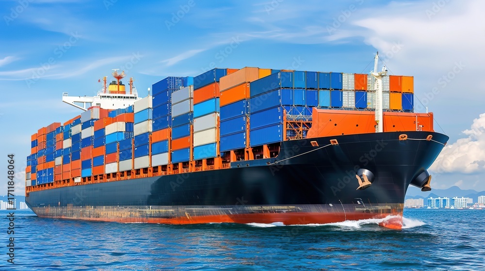 Fototapeta premium Global Trade in Motion: Massive Sea Logistics Container Cargo Ship – A Large Cargo Vessel Laden with Stacked Shipping Containers (Blue, Red, Yellow) Sailing Across the Open Sea
