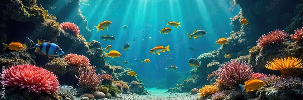 Fototapeta premium Vibrant tropical fish swimming in a lush, planted aquarium The scene is filled with colorful coral and aquatic plants, creating a lively underwater paradise , serene, healthy