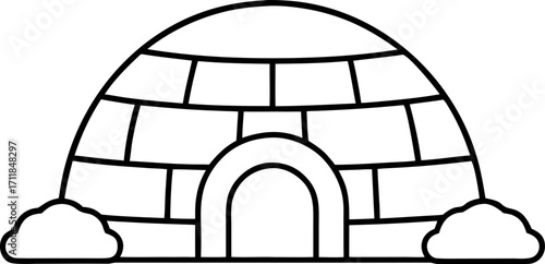Minimal Line Art Igloo with Snow Entrance Simple Winter Design Vector Illustration, Snowy Igloo Outline Vector, Winter Igloo Line Art Illustration, Winter Shelter Minimal Vector