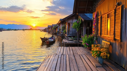 A hidden Thai village near Bangkok, wooden stilt houses along the river, golden sunset glow