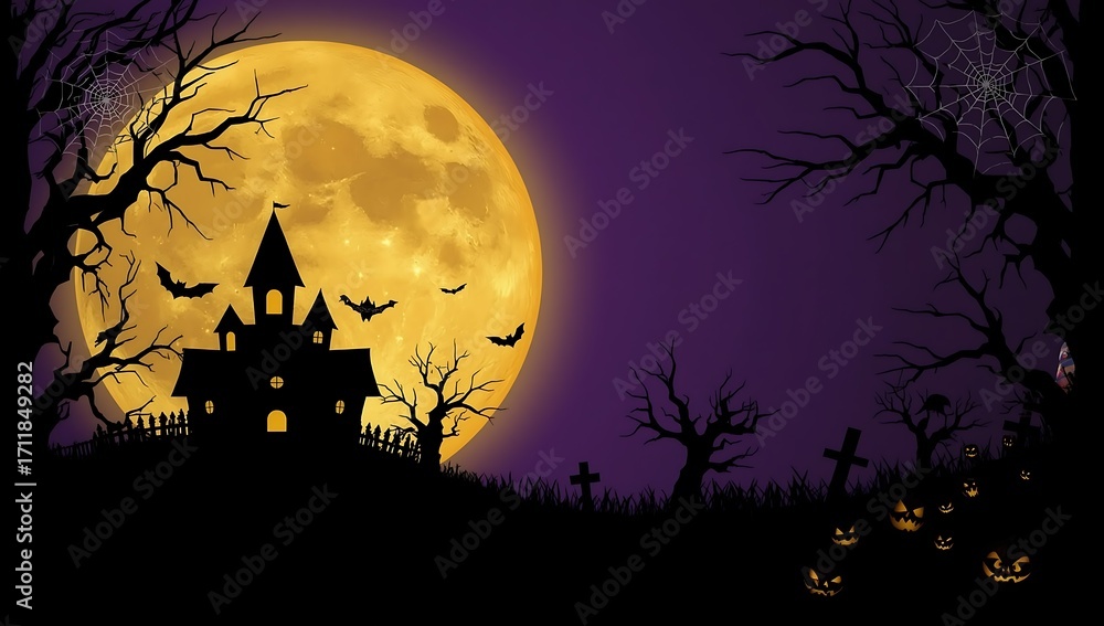 Fototapeta premium Halloween Night Haunted House, Full Moon