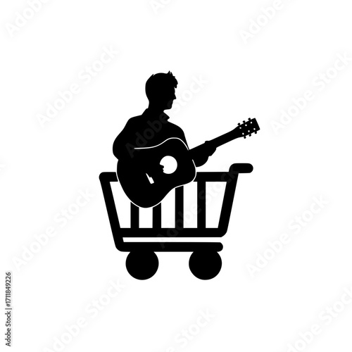 Minimal icon of man with guitar performing on top of trolley isolated in flat style
