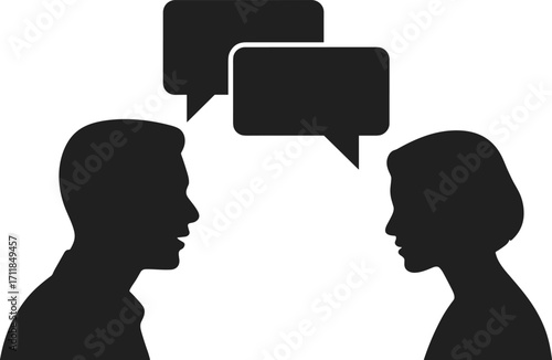 Man and woman talking icon, communication conversation graphic, speech bubble vector, dialogue interaction silhouette, social connection, business discussion