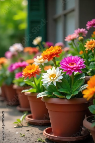 Wallpaper Mural Vibrant colorful flowers bursting from terracotta pots, creating a beautiful garden scene  Perfect for spring, summer, home decor, and gardening themes , country, purple Torontodigital.ca