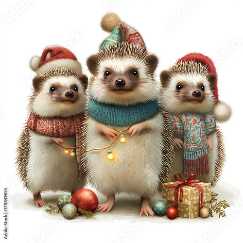 Three festive hedgehogs in a row with Christmas accessories and gifts. Warm holiday vibes with detailed fur texture and vibrant colors. Perfect for Etsy t-shirt design