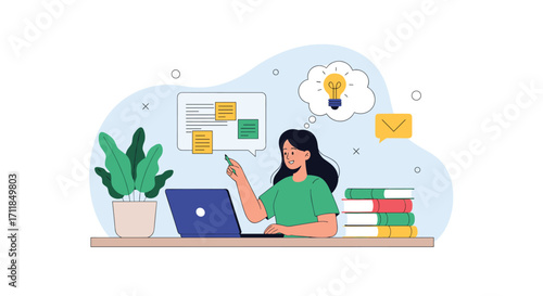 A woman working on her laptop surrounded by books and plants with an idea bulb.