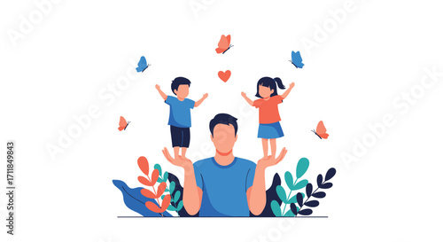 Father lovingly juggling his children and butterflies in nature.