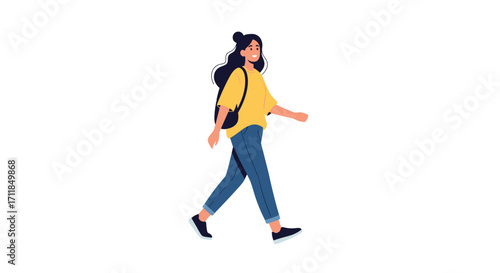 A young woman with dark hair walks confidently with a backpack.