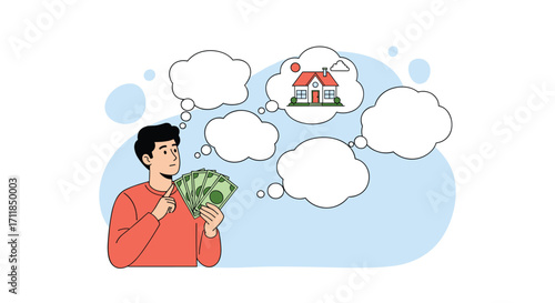A person holding money thinking about buying a home.