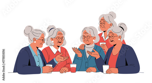 Five elderly women enjoy coffee and conversation at a table.