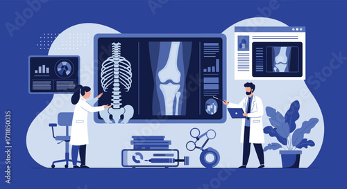 Doctors analyze a skeletal x-ray showing a knee joint for diagnosis and treatment planning.