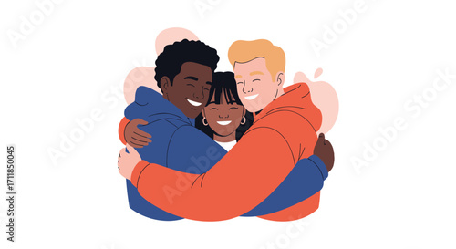 Diverse friends sharing a warm group hug embracing each other with happiness.