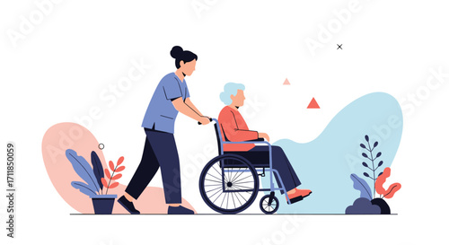 Caring for an elderly person in a wheelchair with assistance.