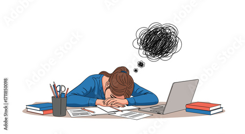 A tired person is sleeping on their desk with a messy thought bubble above their head.