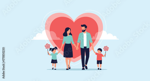 A loving family holding hands walking together in front of a large red heart.