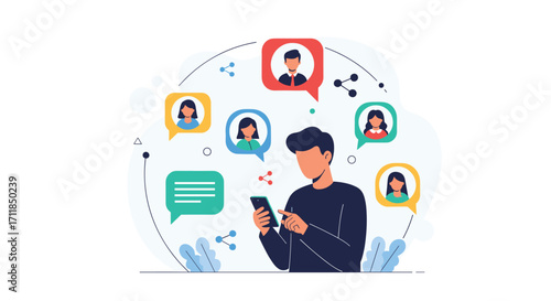 Illustration of a young man interacting with people through his smartphone screen.