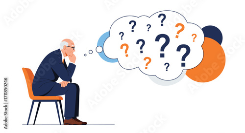 An elderly man sits thoughtfully with many question marks in his thought bubble.