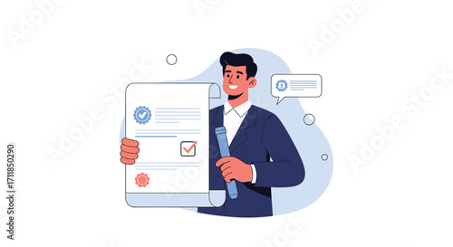 A man in a suit holding a certificate with a checklist and seal.