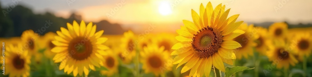 Obraz premium Vibrant sunflowers bask in the golden sunlight, their faces turned towards the sun in a field of bright yellow and green A perfect summer scene of nature's beauty , bloom, summer, flowers