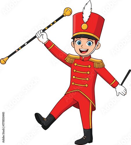 Marching band leader cartoon, drum major character, red uniform illustration, cheerful parade boy, festive costume vector, baton twirling pose, kids performance mascot, isolated image