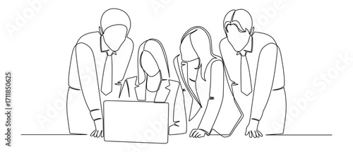 Continuous line art of a team of male and female business people looking at a laptop simultaneously. Vector illustration