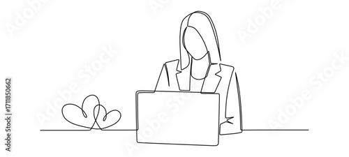Continuous line art of a businesswoman working in front of a laptop with a heart-shaped line next to her. Vector illustration.