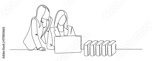 Continuous line art of two businesswomen working in front of a laptop with a row of books beside them. Vector illustration