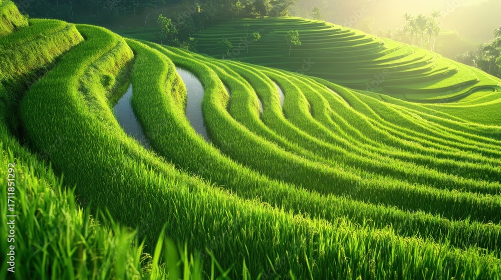 Fototapeta premium A lush rice terrace in Bali, morning mist rising, warm sunlight hitting the green fields