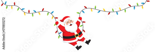 Santa Claus hanging from Christmas lights. Holiday illustration on a transparent background.