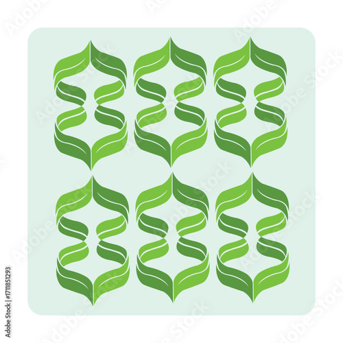 Vector art of abstract seamless pattern of stylized green leaves forming an intricate geometric design with a light blue background, representing nature, growth, and organic beauty in a modern, minima