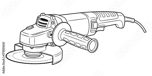 Detailed vector line illustration of a power tool, an angle grinder, on white.