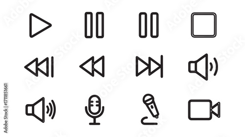Collection of twelve music and video player interface icons in a clean silhouette style