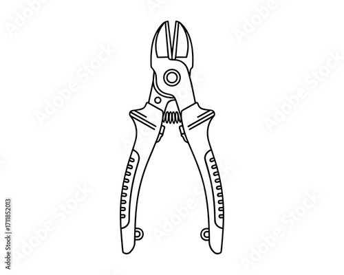 Detailed line art illustration of cutting pliers for industrial applications, tools