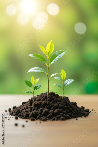 A young green plant sprouting from soil with sunlight in the background