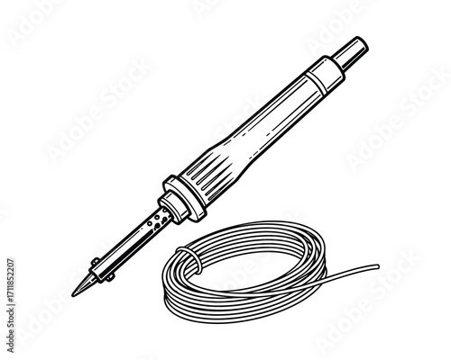 Detailed Soldering Iron with Wire Roll: Close-up Technical Illustration for Electronics