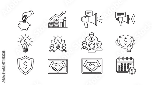 Collection of business and finance icons in a hand drawn silhouette style